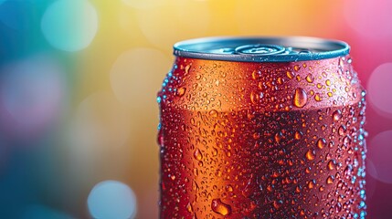Can of fresh soda with water droplets on a colorful background, ideal for beverage advertising concepts.