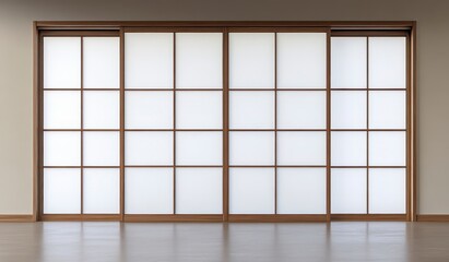 A photograph of a large Japanese sliding window with a white screen