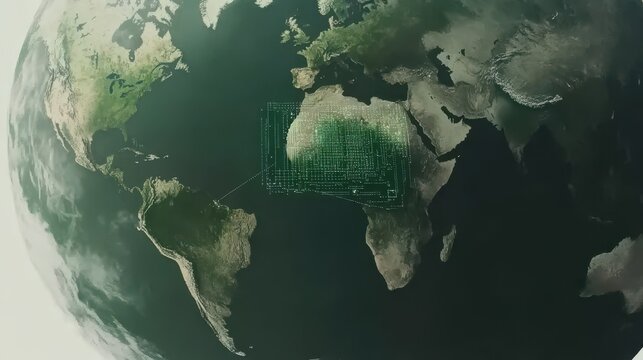 Illustrated World Map with 3D Grid Overlay Focus on Africa and Europe, Green Highlights and Earth Tone Background - Powered by Adobe