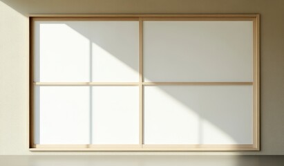 A photograph of an empty Japanese sliding door with white glass on the interior and a light wood frame on the exterior