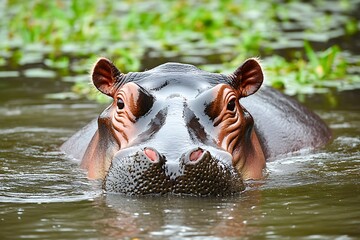 A serene hippopotamus submerges in murky water its eyes gazing intently dark glistening skin lush green background