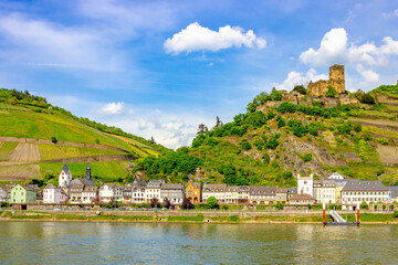 Kaub (Germany) with Gutenfels Castle and vineyards above the Rhine river