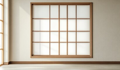 A photograph of an empty Japanese sliding window with a light brown frame and white glass