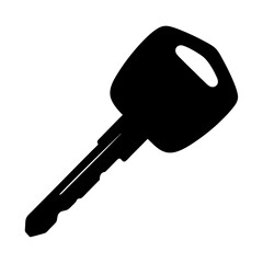 A monochromatic silhouette of a car or house key on white background