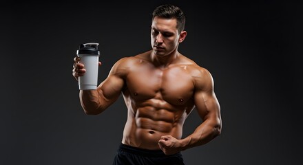 Fototapeta premium Bodybuilder holding protein shaker, studio background