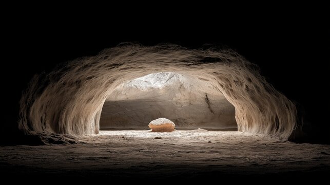 Ancient Chamber: A solitary rock rests in a naturally-lit cavern, inviting contemplation of time and space within the stark emptiness of its geological embrace. 