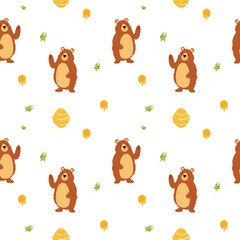 Seamless pattern with bears and honeycombs, hand drawn leaves with trendy textures. Repeatable image for printing on wrapping paper and canvas, for kids, poster or banner. Cartoon flat illustration