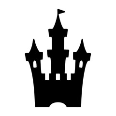 Black silhouette of a whimsical, magical castle on a white background