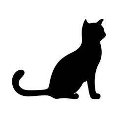Silhouette of a cat sitting gracefully, black feline against white background