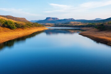 Tranquil mountain lake reflecting vivid sunrise hues in serene landscape
