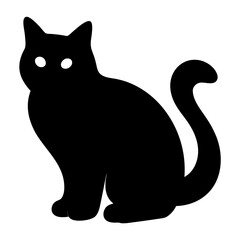 Silhouette of a sleek black cat sitting with its tail curled up