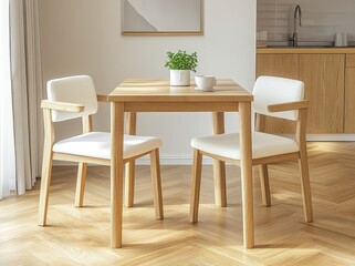 A simple and stylish dining table set with two chairs, suitable for small spaces like an apartment or studio. 