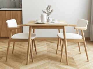 A simple and stylish dining table set with two chairs, suitable for small spaces like an apartment or studio. 