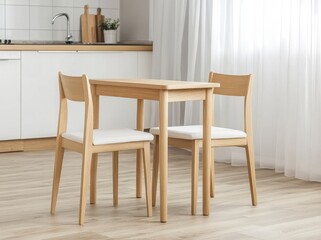 Fototapeta premium A simple and stylish dining table set with two chairs, suitable for small spaces like an apartment or studio. 