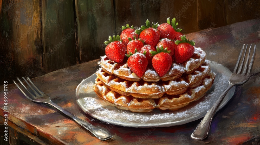 Poster A stack of waffles on a rustic wooden table, topped with fresh strawberries and powdered sugar. A fork and knife are neatly placed beside the plate.