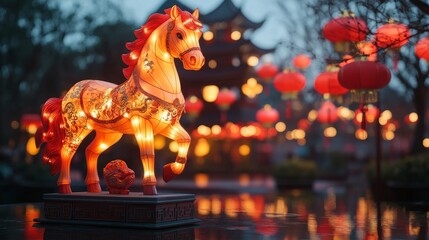 Chinese horse sculpture with lanterns for the Lunar New Year. Chinese 2026