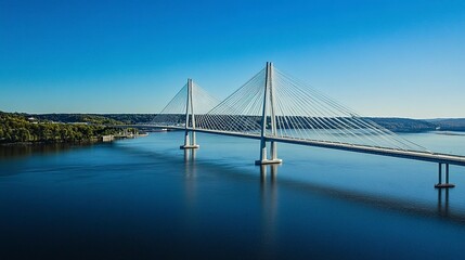 White arch bridge with taut cable supports stretching across a broad river, its clean lines gleaming in the bright sunlight. Clear skies enhance the scene. 