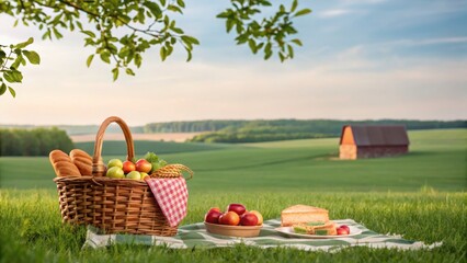 Picnic basket with fruits and bread on a blanket in a green field, under a tree, with a barn in the background on a sunny day.