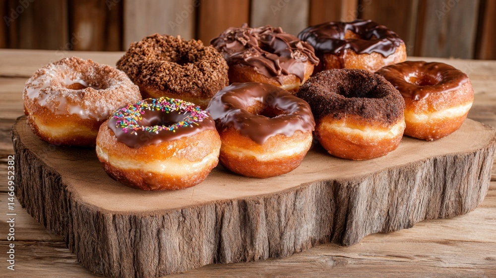 Poster a tempting assortment of freshly glazed donuts displayed on a rustic wooden platter, with various to