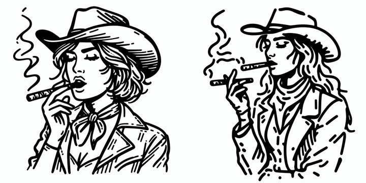 Cowgirl Smoking a cigar. Western cowgirl Outline Clipart line art doodle vector illustration. Ranch woman inhaling on stogie portrait of feminine outlaw attitude.