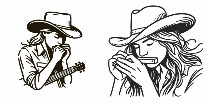 Cowgirl Playing harmonica. Western cowgirl Outline Clipart line art doodle vector illustration. girl blowing wind instrument country music art ranch vibe.