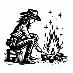 Cowgirl Lighting campfire. Western cowgirl Outline Clipart line art doodle vector illustration. Ranch woman illumination rural flame under starry heaven outdoor.
