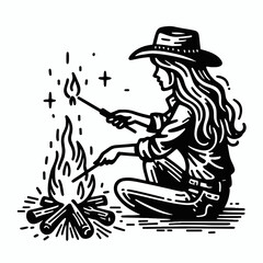 Fototapeta premium Cowgirl Lighting campfire. Western cowgirl Outline Clipart line art doodle vector illustration. Rancher illumination open-air blaze rustic lifestyle theme.