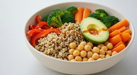 Bowl with quinoa chickpeas avocado broccoli carrots and red pepper on white background.