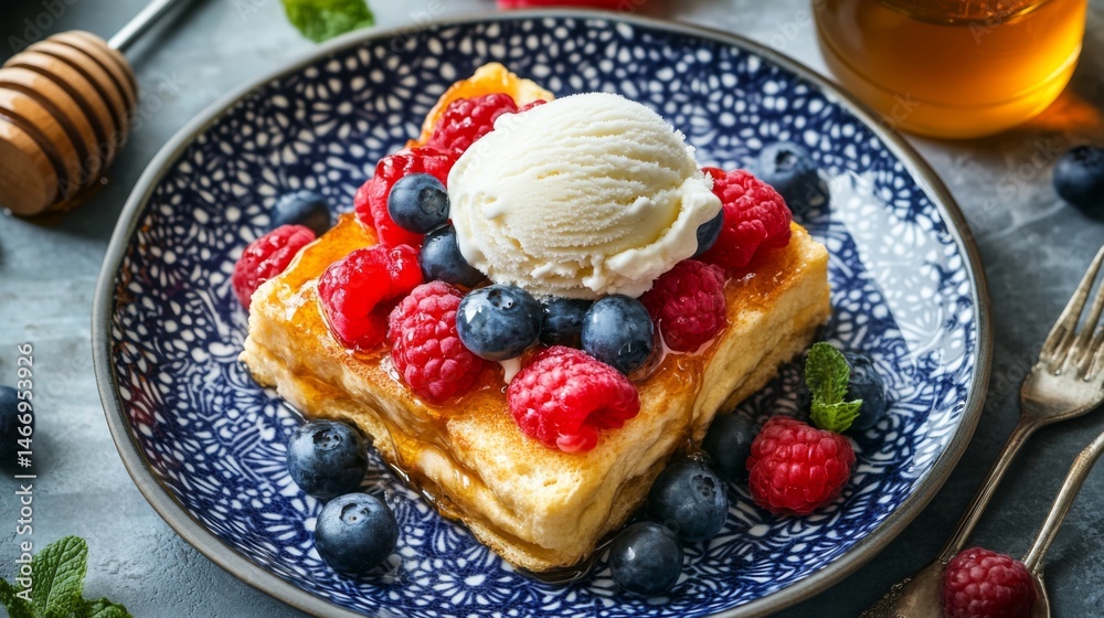 Poster A top-down view of a decadent honey toast adorned with fresh fruit slices and a scoop of ice cream, served on a decorative plate with a honey jar in the background.