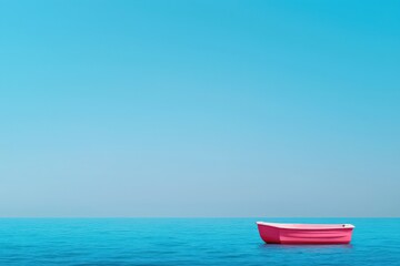 Naklejka premium A small pink boat floats alone on calm blue water under a clear sky.