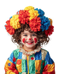 Joyful child clown smiling with colorful costume and wig