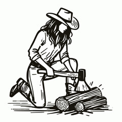 Cowgirl Chopping wood. Western cowgirl Outline Clipart line art doodle vector illustration. gal wielding ax timber splitting action in rustic ranch surrounding.