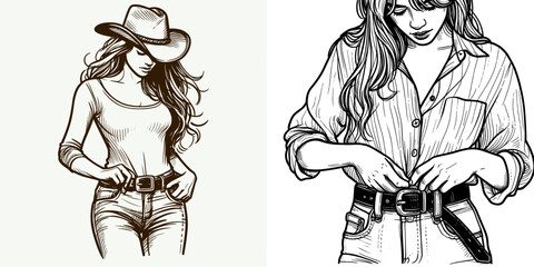 Cowgirl Adjusting belt buckle. Western cowgirl Outline Clipart line art doodle vector illustration. Ranch female fixing attire fastener. persona tailoring adornment.