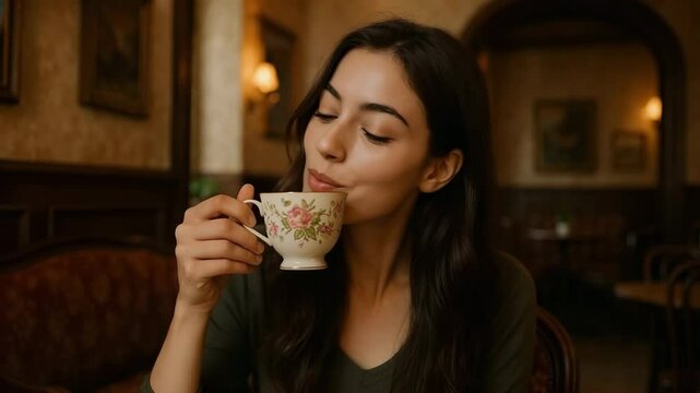Charming young brunette woman sits in a cozy cafe, smiling and playfully demonstrating how a lady should sip tea from a delicate porcelain cup. AI generative 4K video