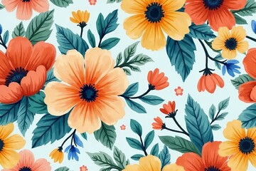 Seamless floral pattern with bold tangerine, teal, indigo, and sunflower-yellow flowers. 