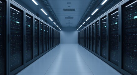 Server room with rows of black racks and blue lighting in a hallway.
