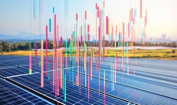 Solar panel array overlaid with colorful financial charts.  Data visualization of energy production and investment.  Shows growth and performance metrics of a renewable energy source.