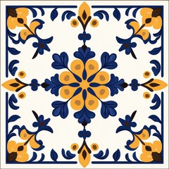 Blue and Yellow Floral Tile Pattern on White Background