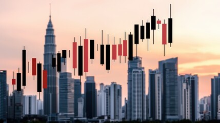 A financial candlestick chart overlays a modern city skyline at sunset.