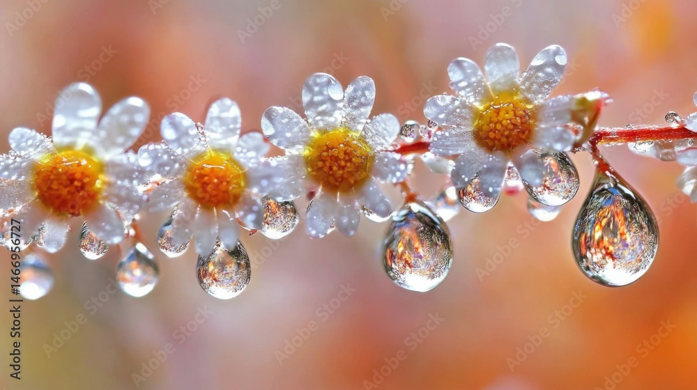 Poster a tranquil scene of a bunch of daisies with water droplets, captured in soft morning light, creating