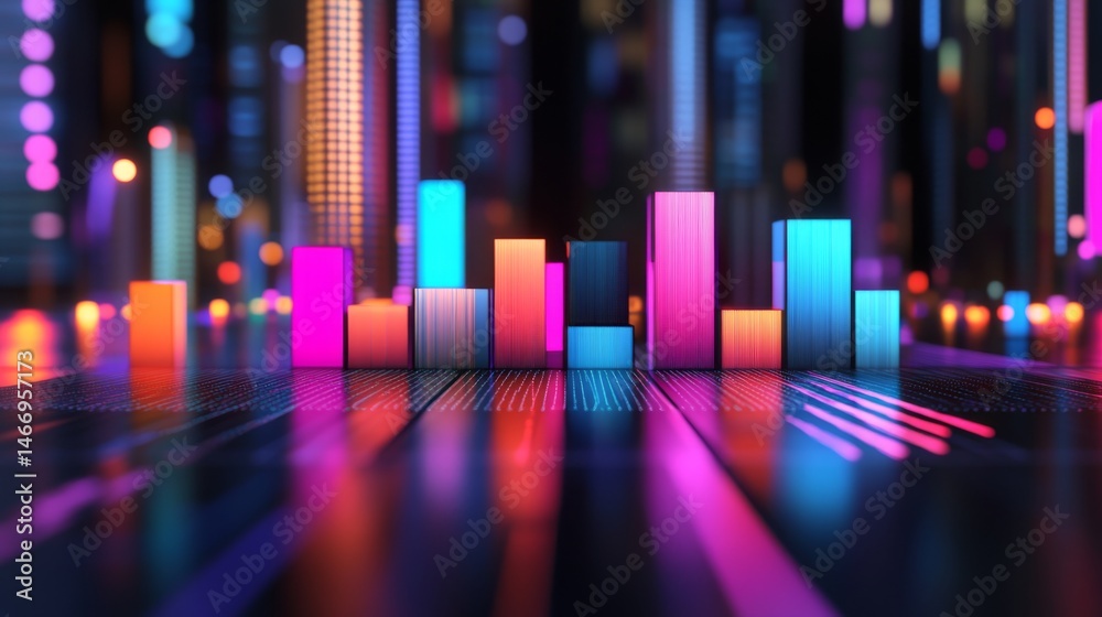 Aufkleber a vibrant d bar graph with colorful bars rising at various heights, displayed on a sleek dark backgr
