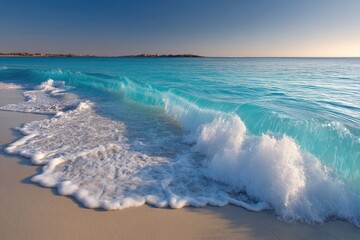 Tranquil Turquoise Paradise Gentle Waves Crashing on the Shoreline at Sunset