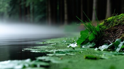 Fototapeta premium Misty forest lake edge, vibrant green vegetation