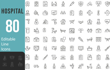 Collection Of Modern Editable Thin Line Style Hospital Medicine Icons Set Related Doctor, Ambulance, Treatment, Pictograms, Infographics And More Vector Illustration On An Isolated Background