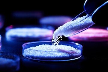 Closeup of white plastic polymer granules poured into a petri dish on a dark background