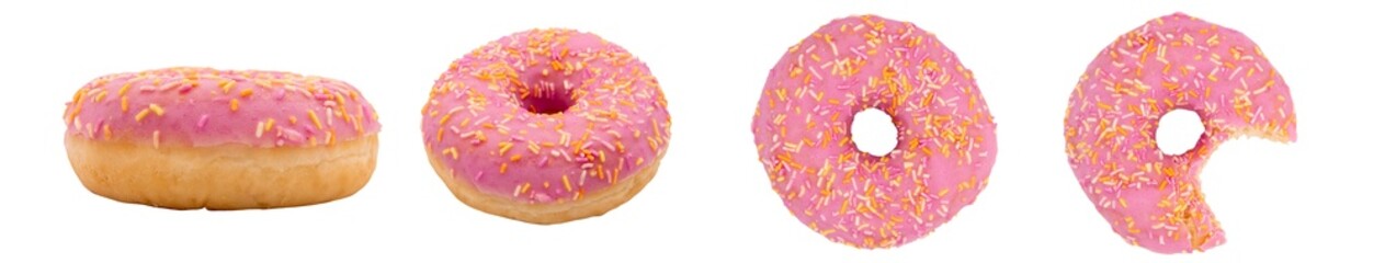 Pack de 4 images d'un donut fraise au format PNG, donut entier et croqué sous différents angles