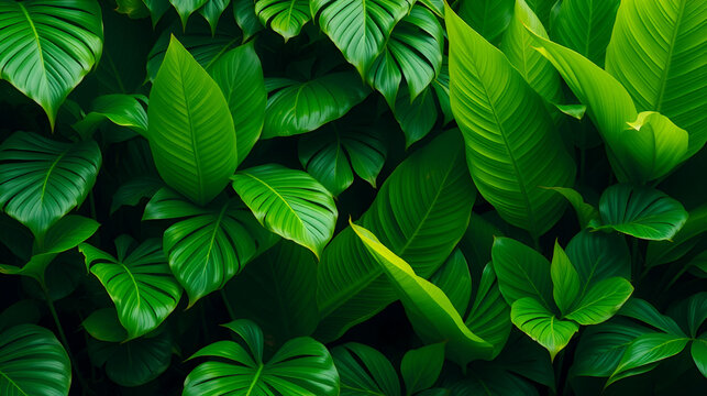Lush tropical green leaves creating a vibrant and natural background, vibrant, background