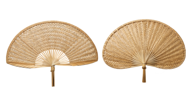 Two woven hand fan on transparent background.
