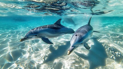 Obraz premium A grey shark, a powerful marine predator with sharp teeth and a prominent fin, swims in the blue tropical ocean near a vibrant coral reef teeming with aquatic life