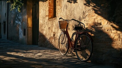 Rustic Charm: A Vintage Bicycle Leans Against a Sun-Drenched Old-World Wall